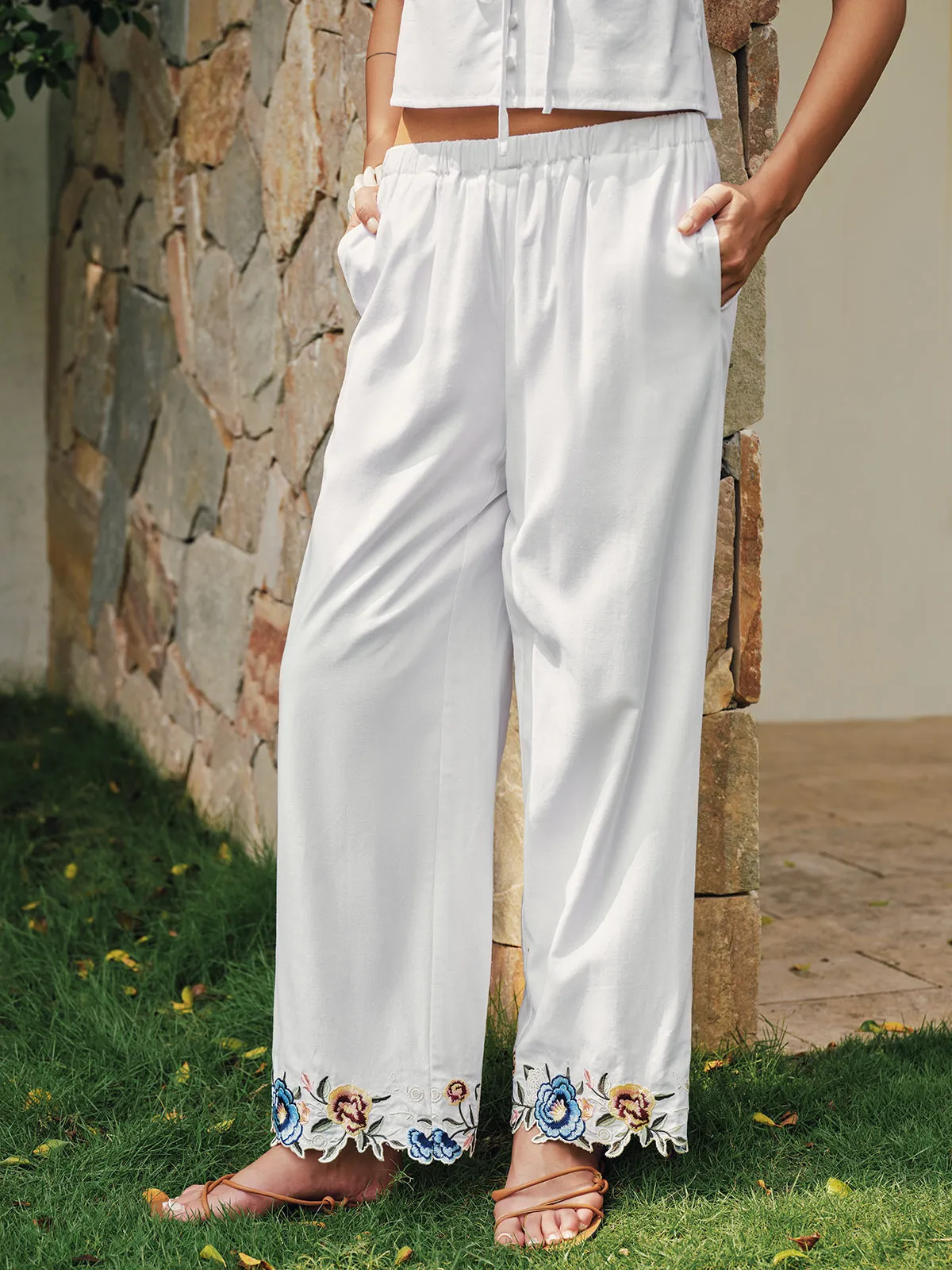 Floral Embroidered Linen Blend Top & Pants Set sold by COMMENSE product image thumbnail 4