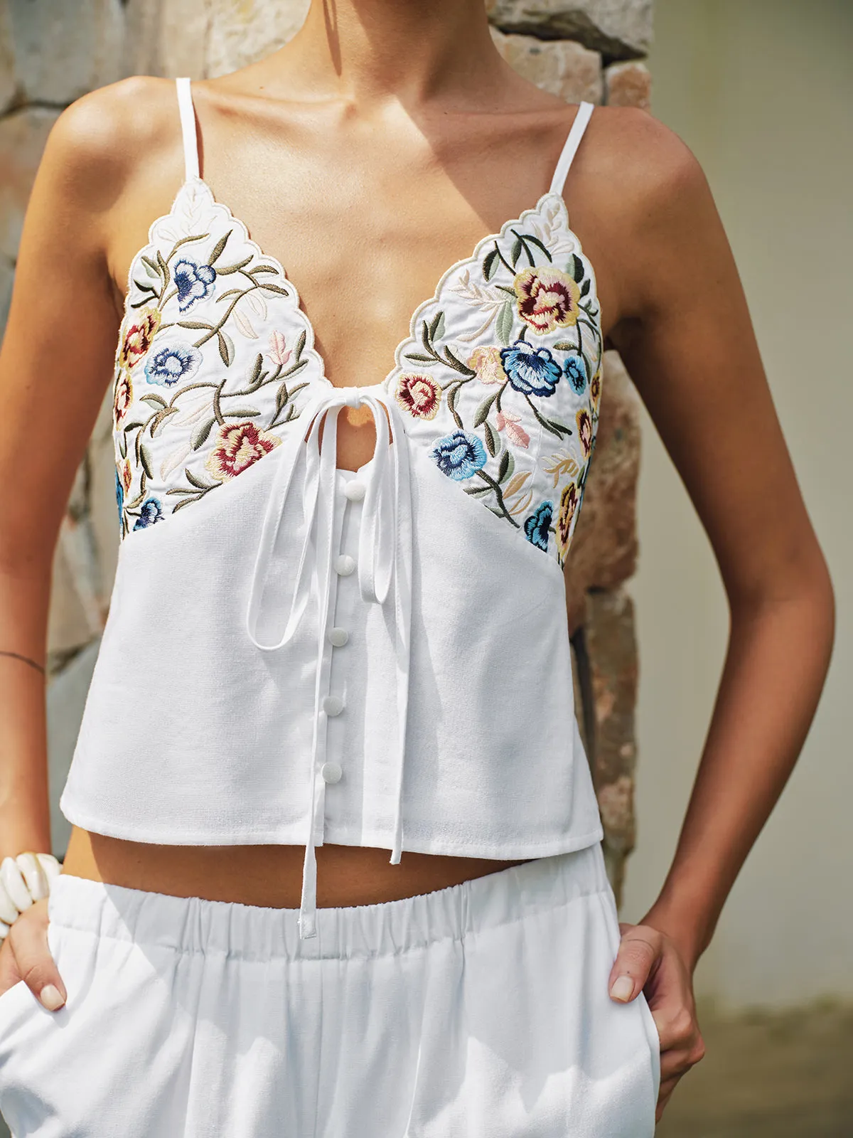 Floral Embroidered Linen Blend Top & Pants Set sold by COMMENSE product image thumbnail 3