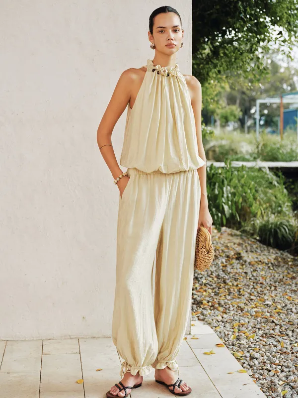 Crinkle Ruffle Neck Top & Jogger Pant Set made by COMMENSE