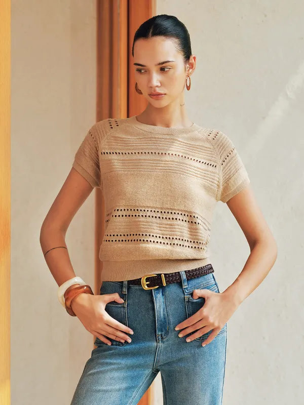 Eyelet Short Sleeve Crew Neck Knit Top made by COMMENSE