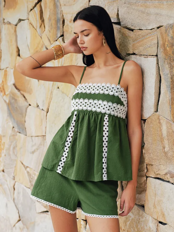 Lace Trim Cotton Cami Top & Shorts Set made by COMMENSE