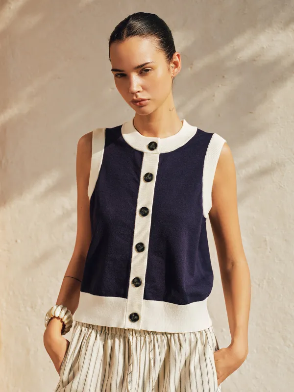 Color Block Button Front Knit Top made by COMMENSE