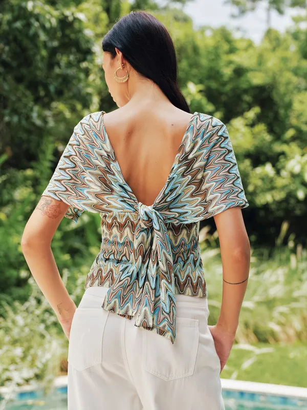Multicolor Chevron Tie-Back Deep V Blouse made by COMMENSE