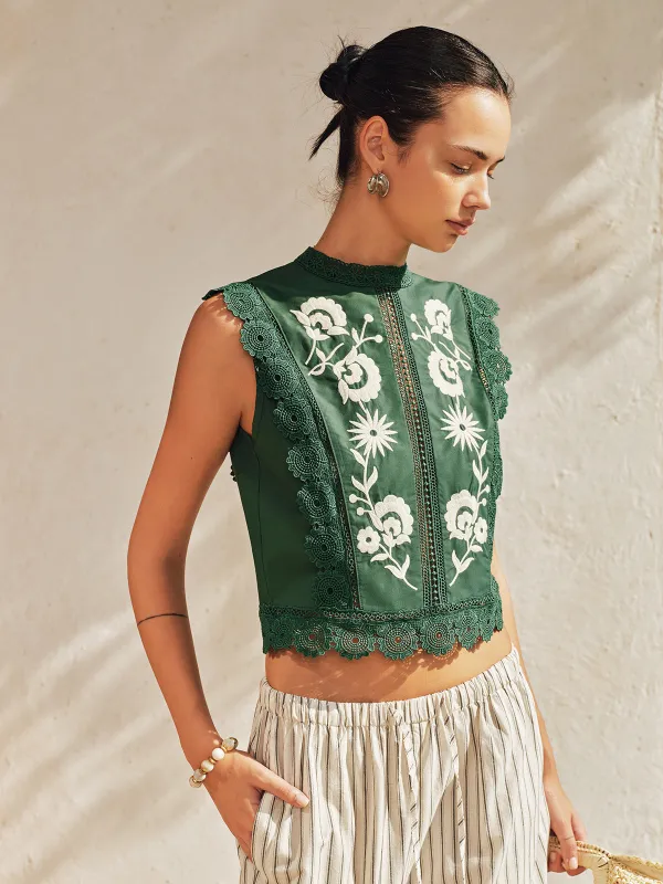 Floral Embroidery Lace Trim Sleeveless Blouse made by COMMENSE