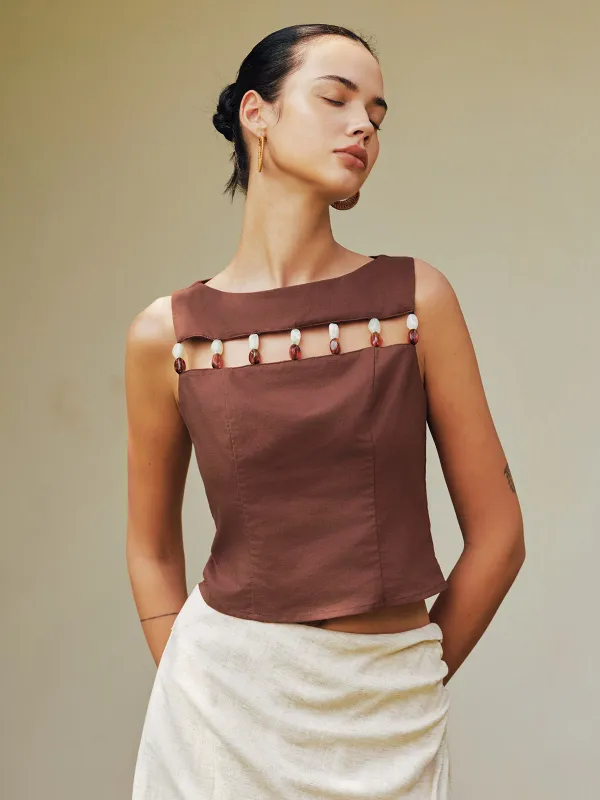 Bead Cutout Cotton Linen Tank Top made by COMMENSE