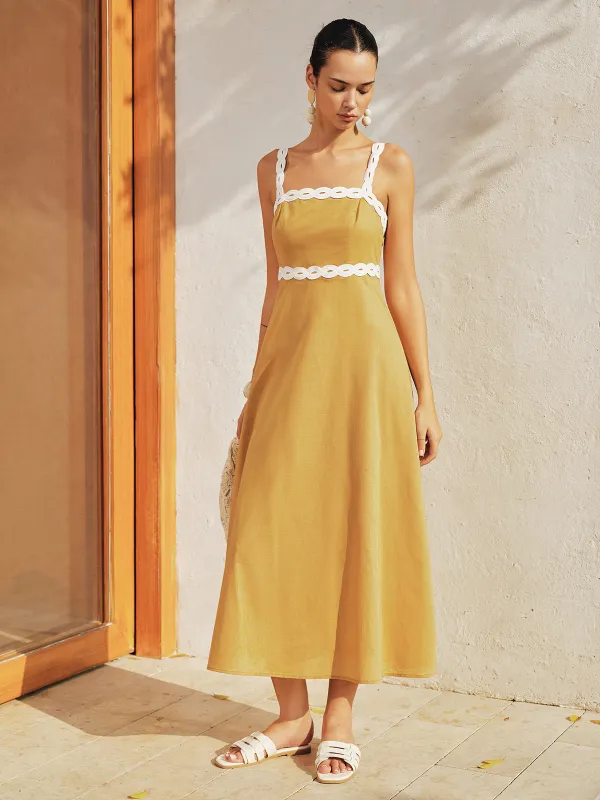 Contrast Trim Cotton Linen Midi Dress made by COMMENSE