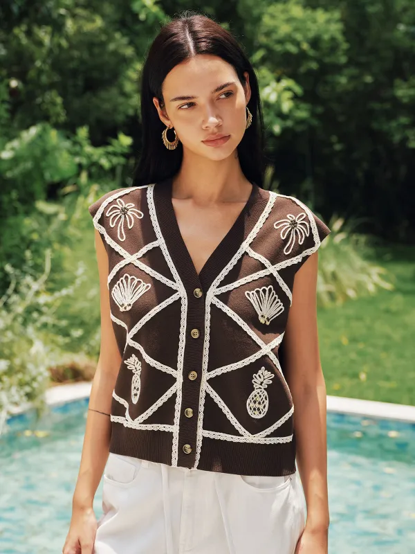 Motif Applique Lace Edge Knit Vest made by COMMENSE
