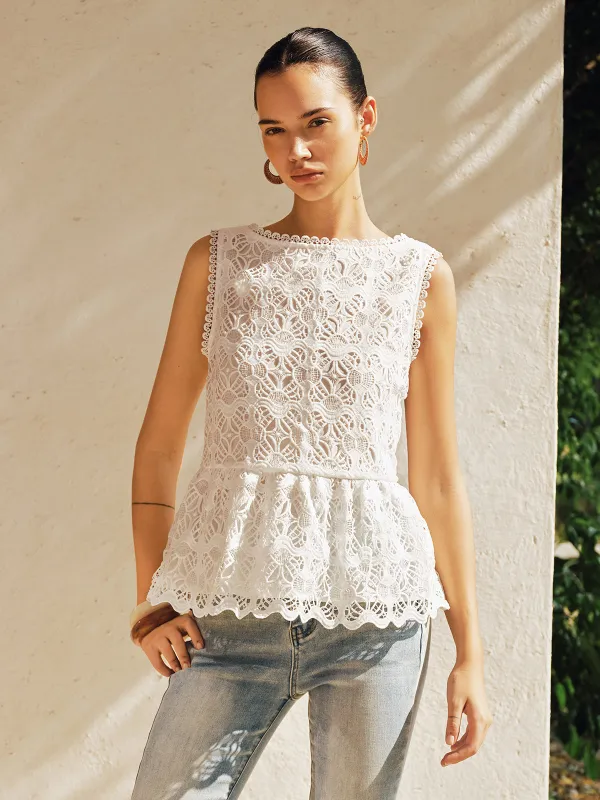 Guipure Lace Peplum Backless Sleeveless Top made by COMMENSE