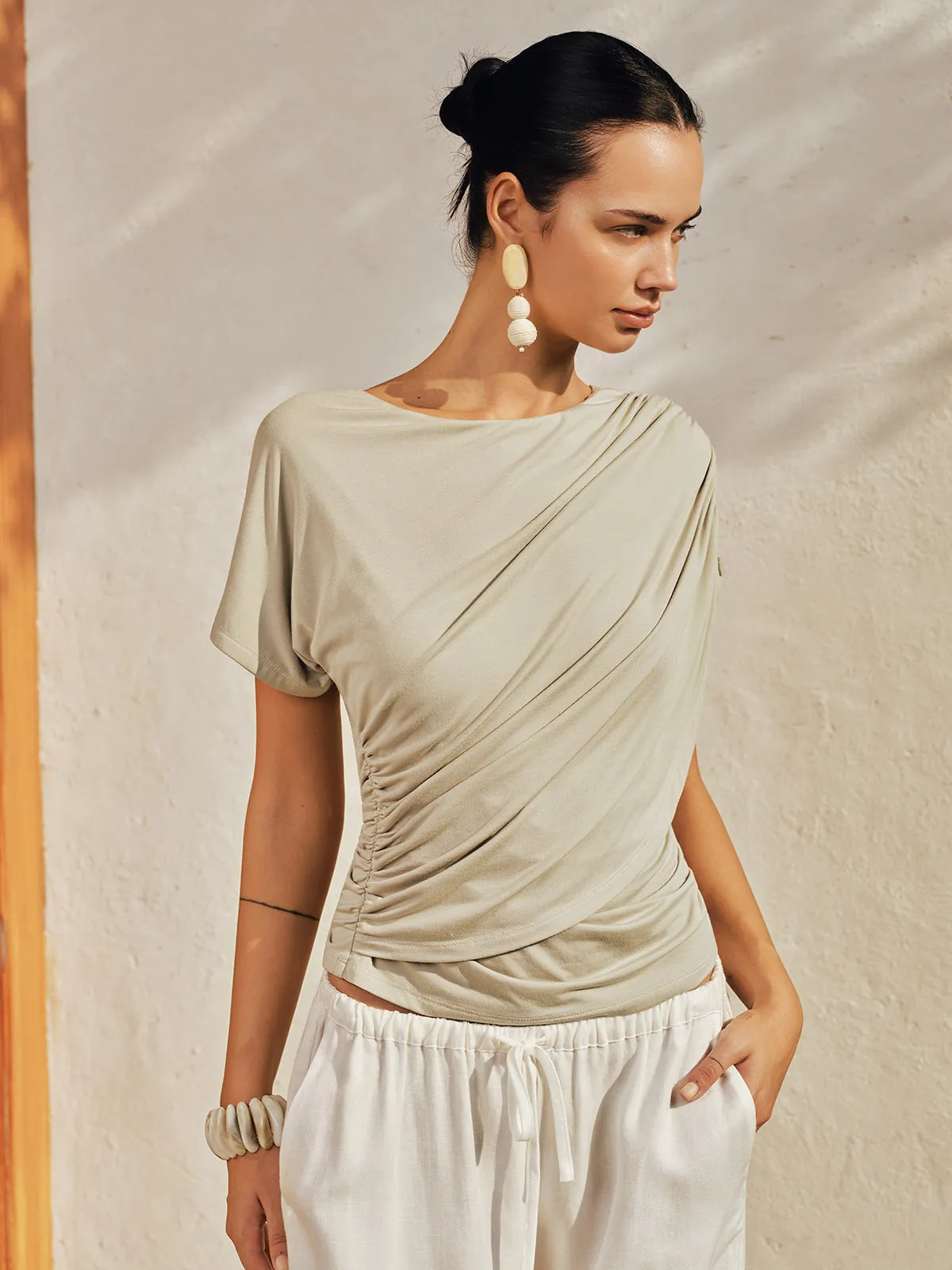 Draped Short Sleeve Asymmetric Hem Slim Top sold by COMMENSE product image thumbnail 2