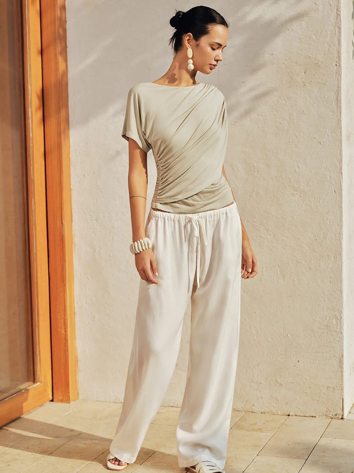 Draped Short Sleeve Asymmetric Hem Slim Top sold by COMMENSE product image thumbnail 3