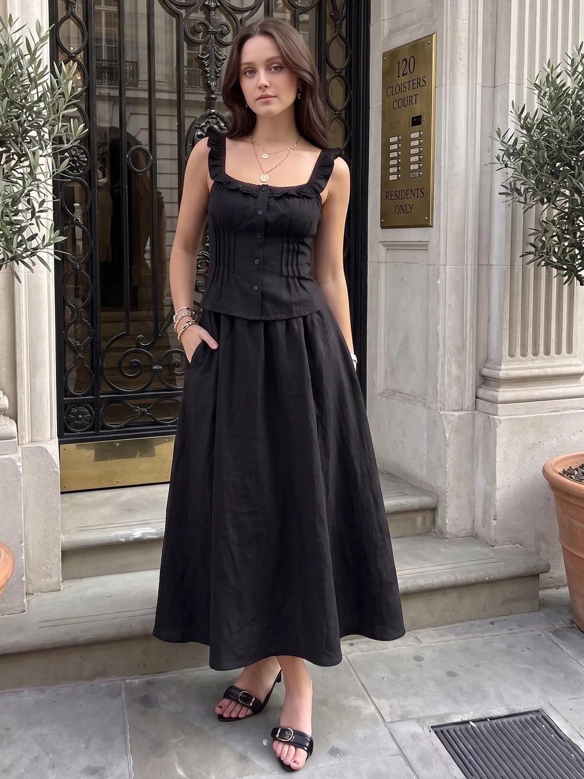 Ruffle Strap Corset Top & Midi Skirt Set sold by COMMENSE