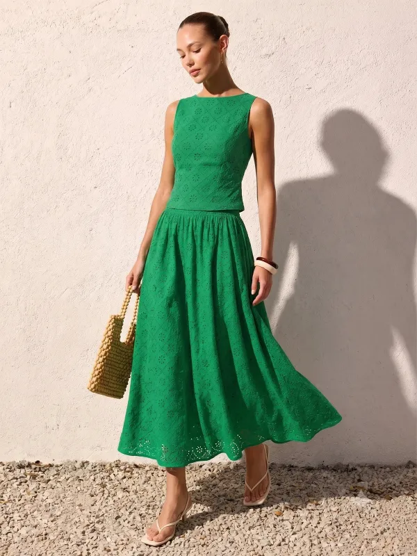 Eyelet Embroidered Top & Midi Skirt Set made by COMMENSE