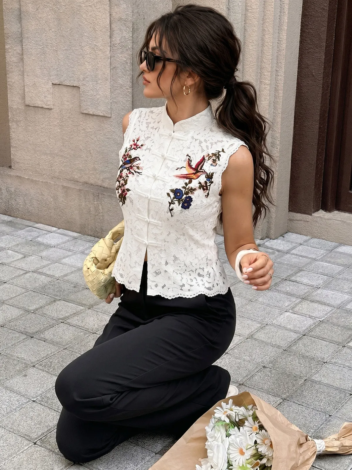 Embroidered Birdsong Lace Top sold by COMMENSE