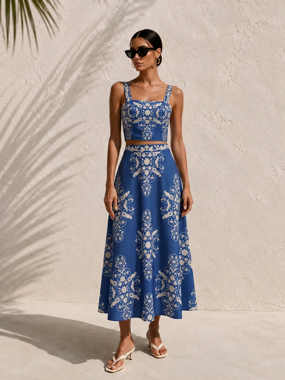 Baroque Print Cami Crop Top & Maxi Skirt Set sold by COMMENSE