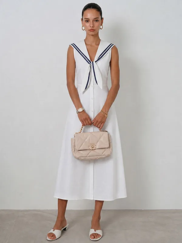 Sleeveless Sailor Collar Cotton Linen Midi Dress made by COMMENSE