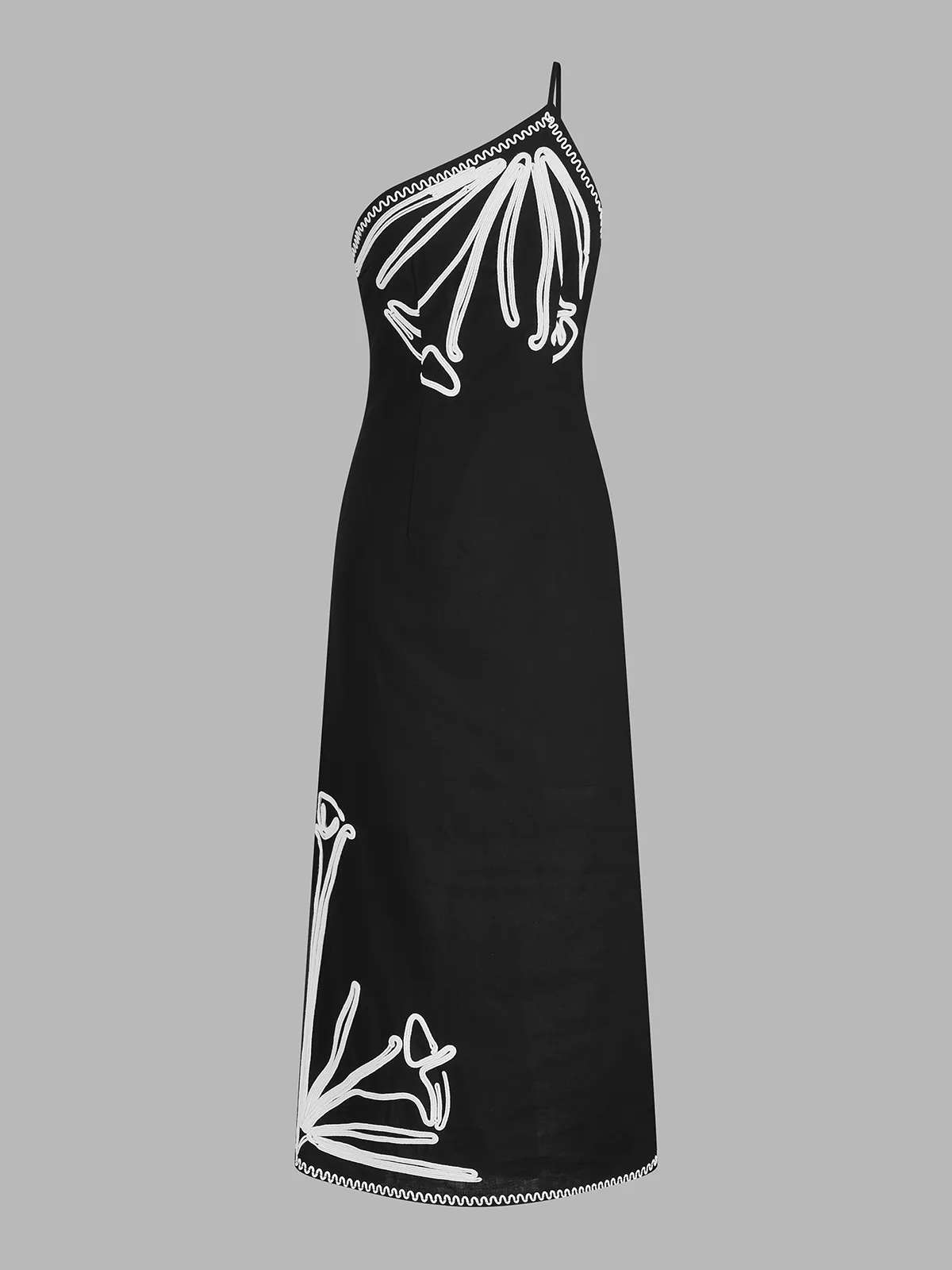 One Shoulder Applique Cotton Linen Mid Dress sold by COMMENSE