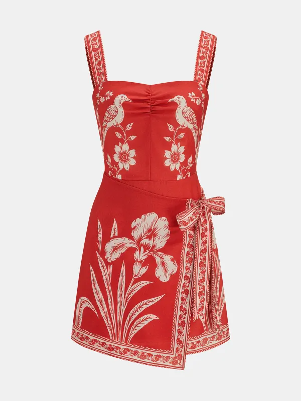 Floral Bird Print Wrap Tie Mini Dress made by COMMENSE