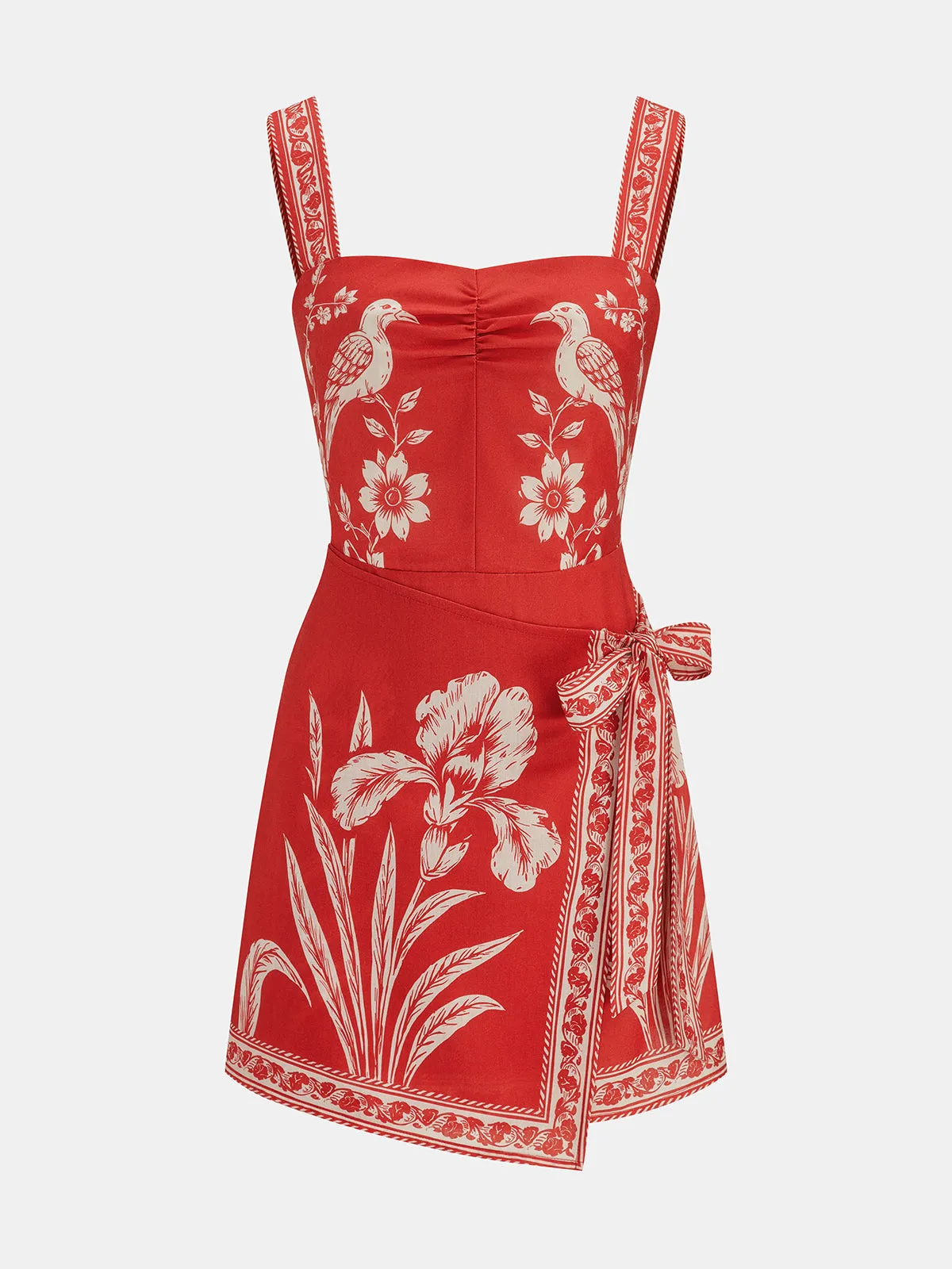 Floral Bird Print Wrap Tie Mini Dress sold by COMMENSE