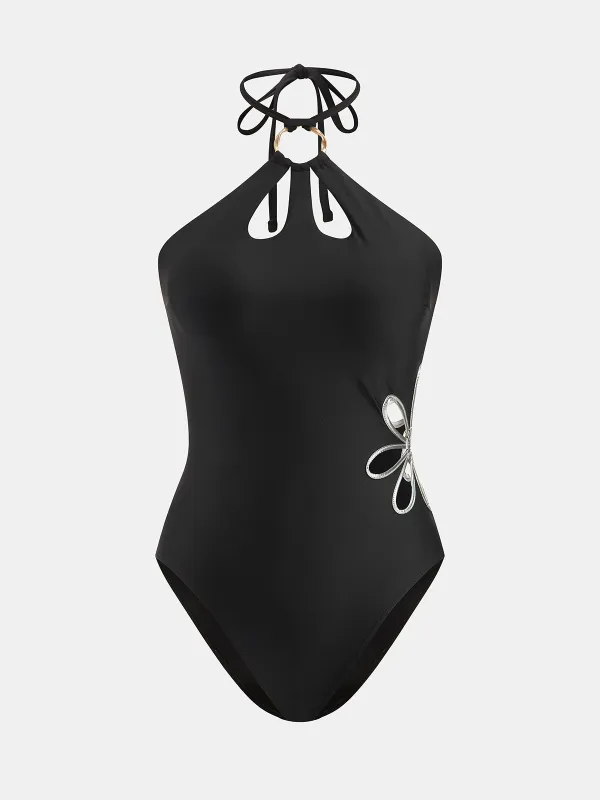 Halter O-Ring Floral Hollow One Piece Swimsuit made by COMMENSE