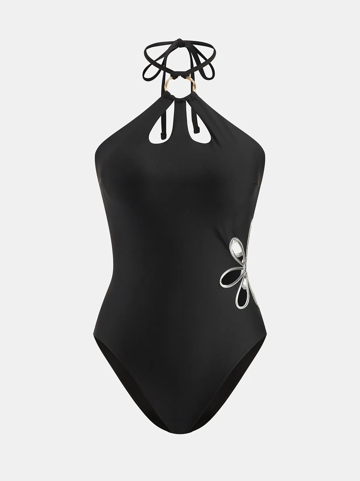 Halter O-Ring Floral Hollow One Piece Swimsuit sold by COMMENSE