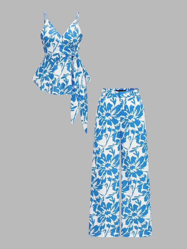 Floral Print Wrap Cami Top & Pants Set made by COMMENSE
