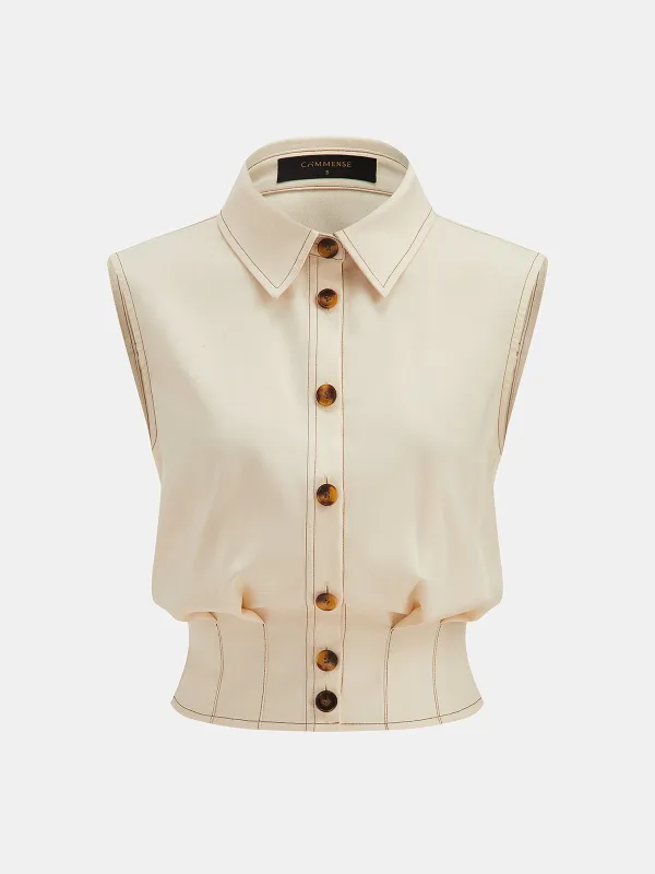 Contrast Stitch Collared Sleeveless Cinched Waist Shirt made by COMMENSE