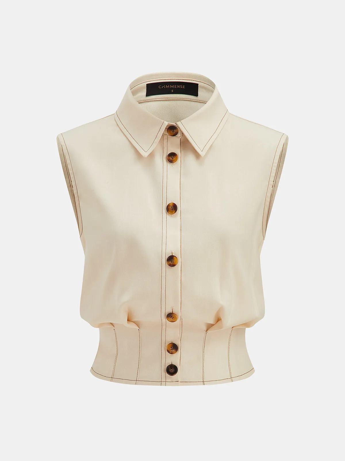 Contrast Stitch Collared Sleeveless Cinched Waist Shirt sold by COMMENSE