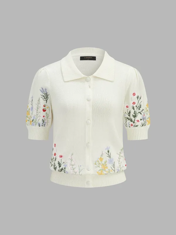 Floral Embroidery Collared Knit Cardigan made by COMMENSE
