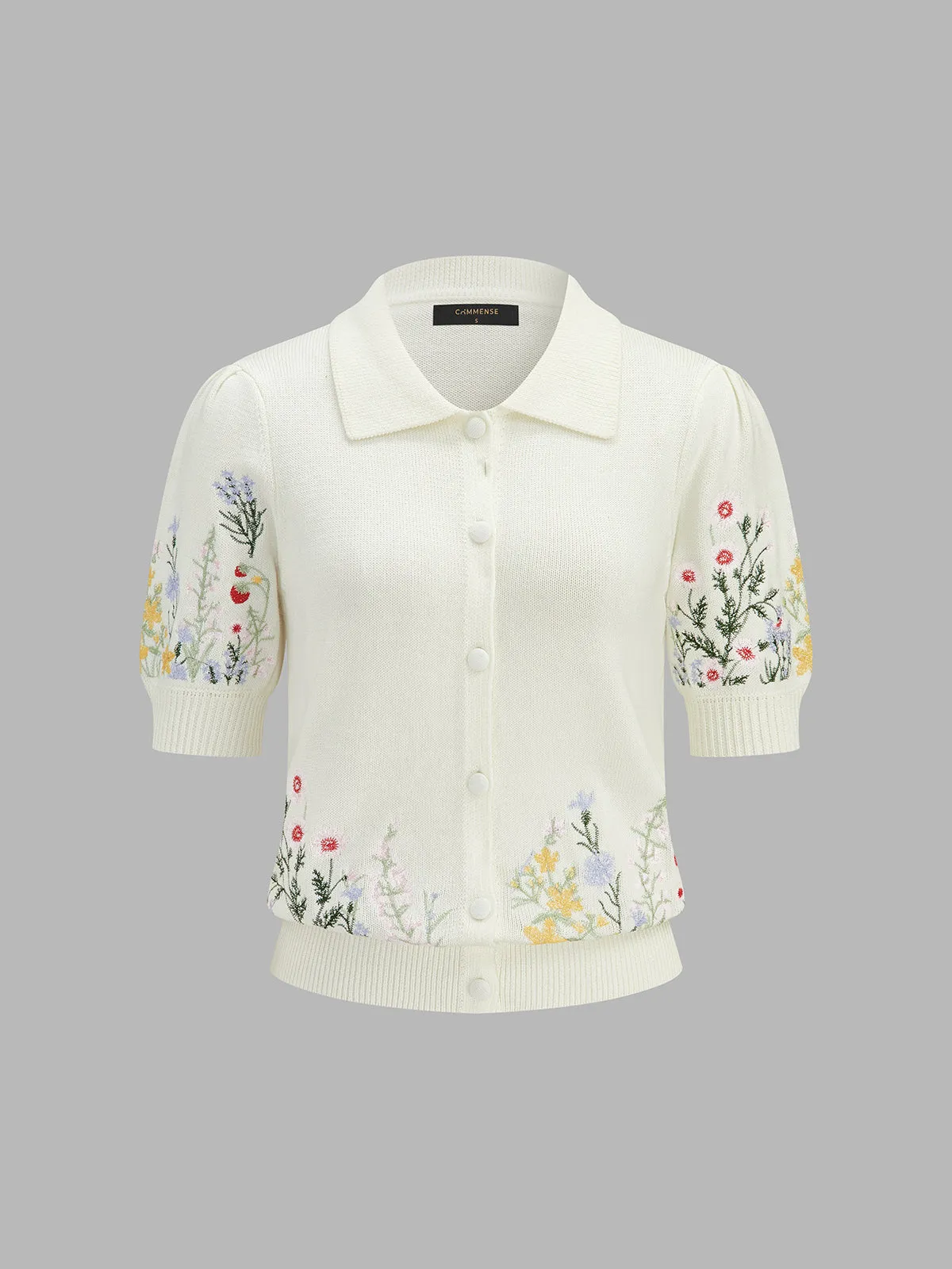 Floral Embroidery Collared Knit Cardigan sold by COMMENSE