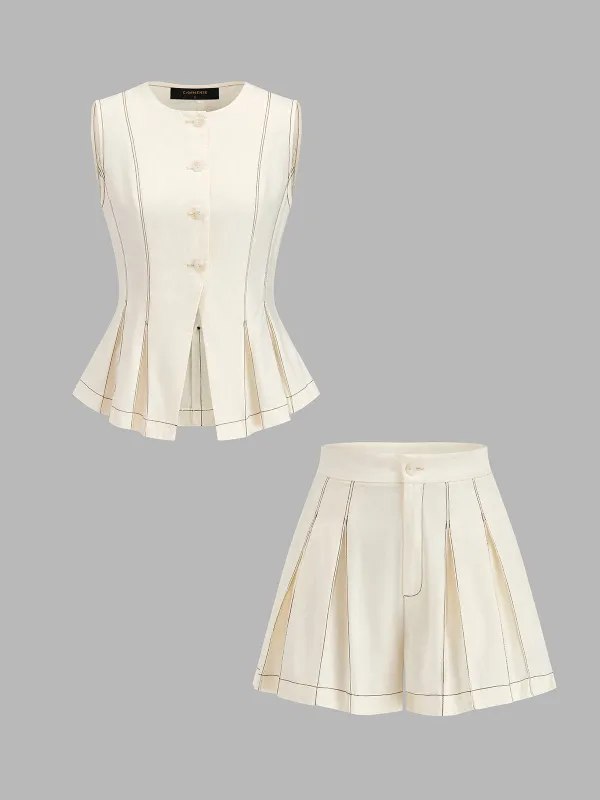 Contrast Stitch Peplum Vest & Pleated Shorts Set made by COMMENSE