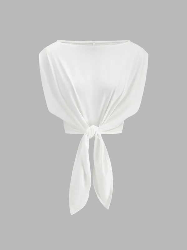 Semi Sheer Dolman Sleeve Tie Knot Blouse made by COMMENSE