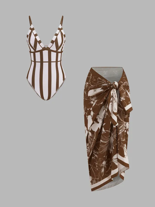 Striped One-Piece Swimsuit & Sarong Set made by COMMENSE