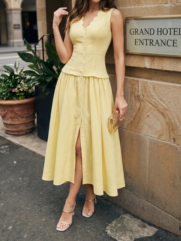 Button Front Sleeveless Cotton Linen Midi Dress made by COMMENSE