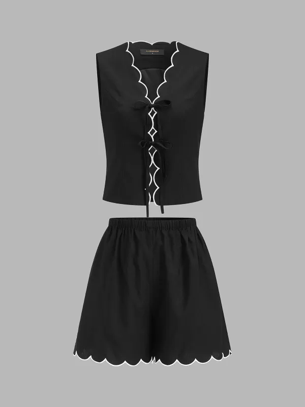 Tie-Front Scallop Trim Top & Shorts Set made by COMMENSE