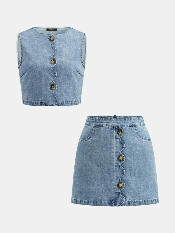 Scallop Edge Denim Two Piece Skirt Set made by COMMENSE