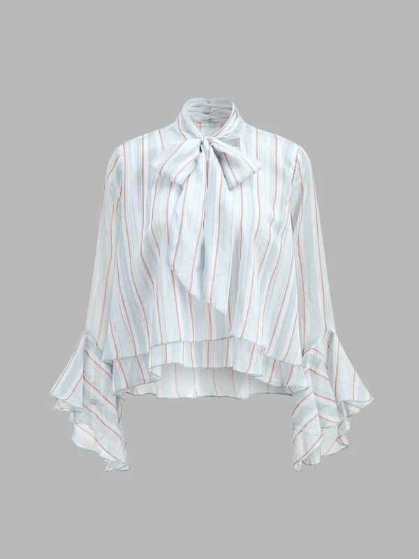 Striped Bow Neck Flounce Sleeve Blouse made by COMMENSE
