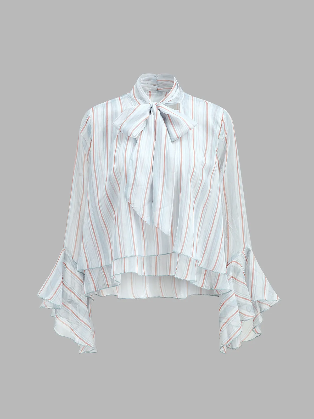Striped Bow Neck Flounce Sleeve Blouse sold by COMMENSE