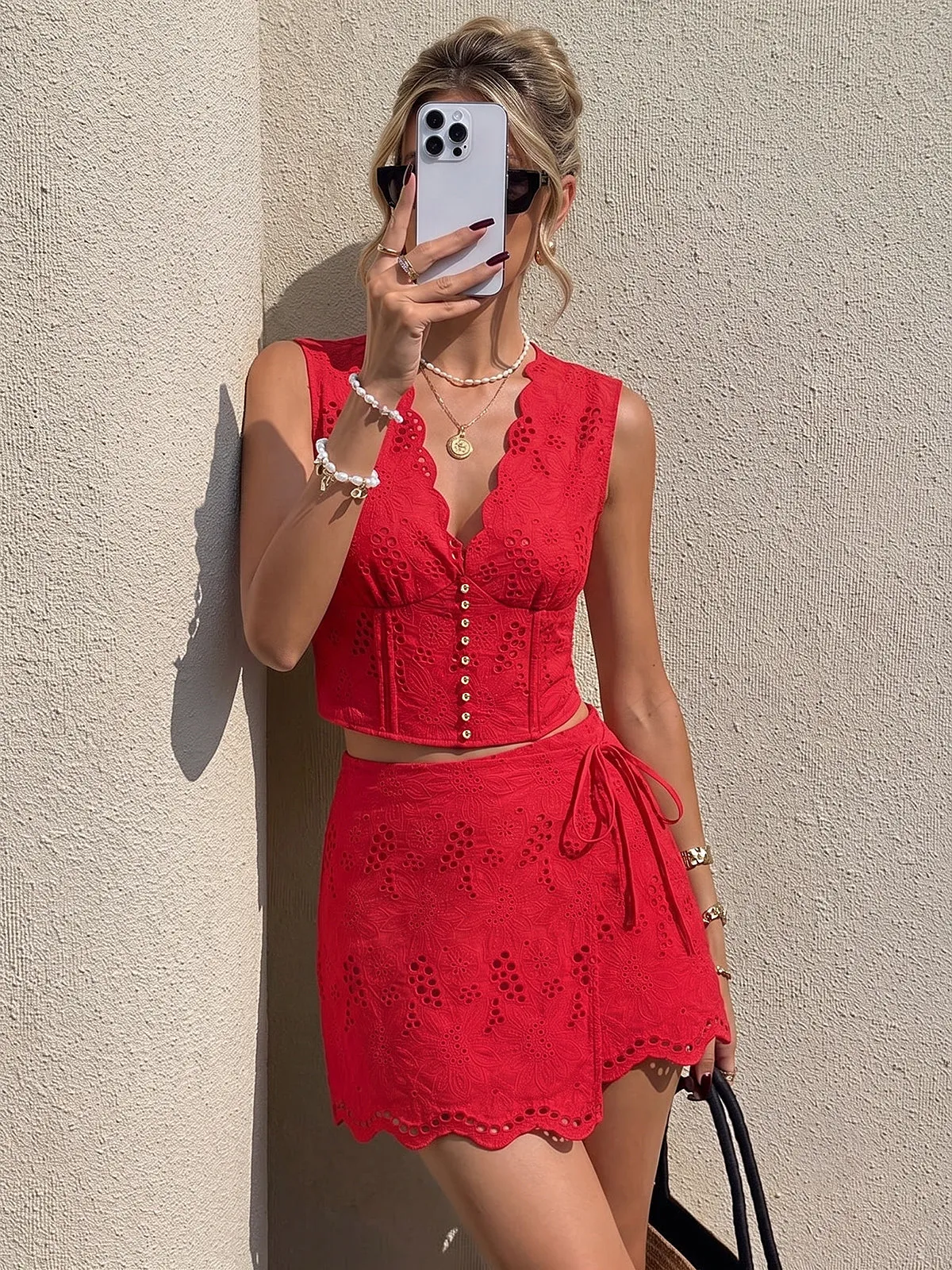 Eyelet Embroidery V-Neck Tank Top sold by COMMENSE