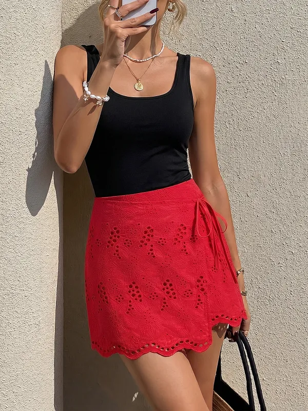 Eyelet Embroidery Tie Waist Mini Skirt made by COMMENSE