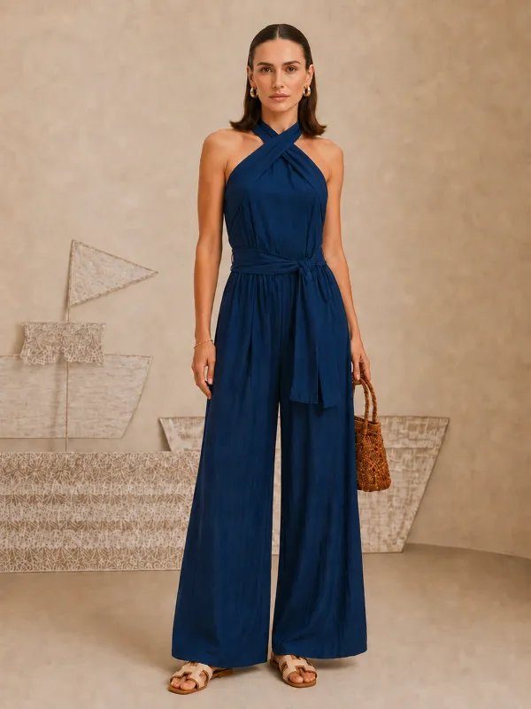 Cross Halter Tie Waist Wide Leg Jumpsuit made by COMMENSE