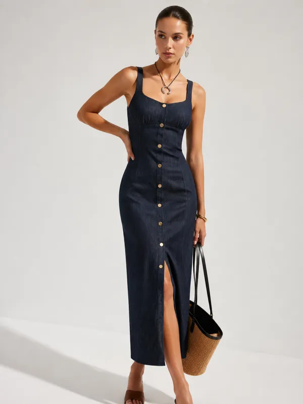 Button Front Denim Midi Dress made by COMMENSE