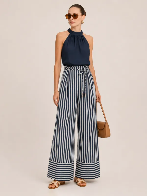 Halter Neck Striped Wide Leg Jumpsuit made by COMMENSE