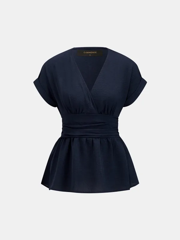 V Neck Short Sleeve Cinched Waist Peplum Blouse made by COMMENSE