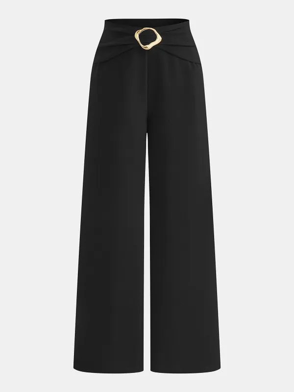 Metal Buckle Mid Waist Wide Leg Pants made by COMMENSE