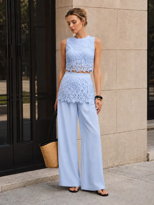 Lace Panel Cotton Linen Two Piece Pants Set made by COMMENSE