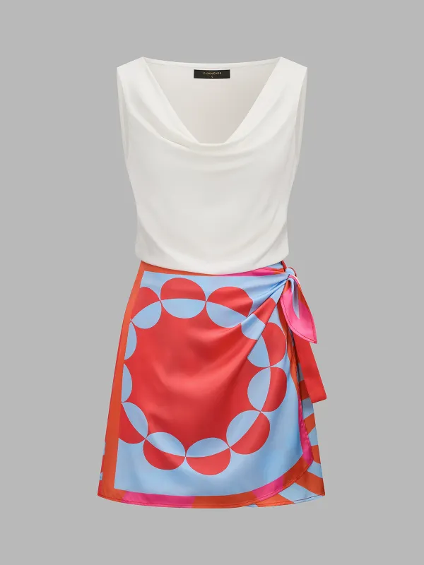Cowl Neck Tank Top & Printed Skirt Set made by COMMENSE