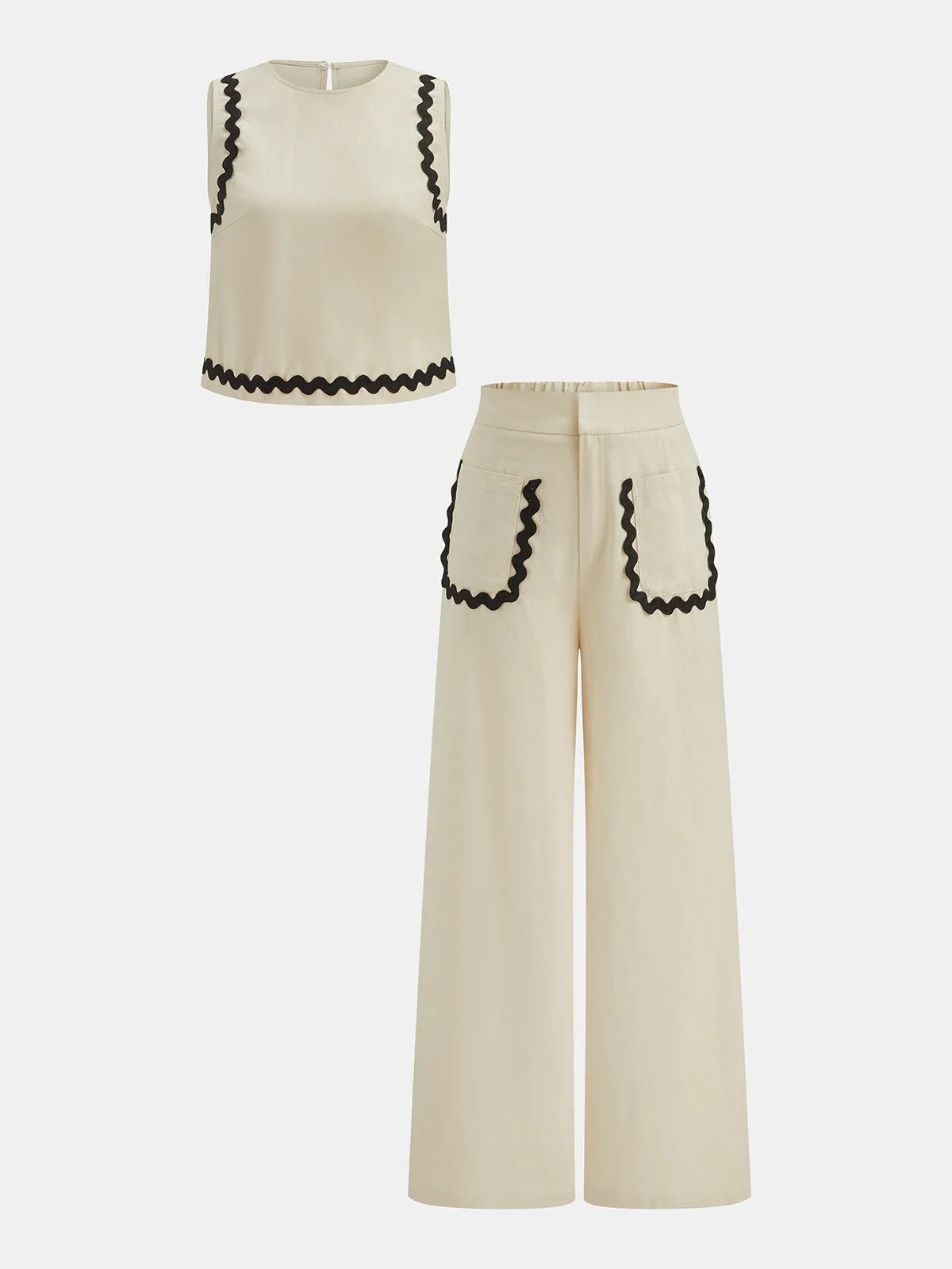 Cotton Linen Scallop Trim Two Piece Pants Set sold by COMMENSE product image thumbnail 2