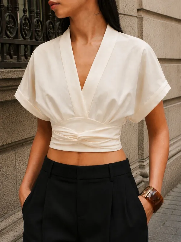 V-Neck Cinched Waist Cotton Linen Blouse made by COMMENSE