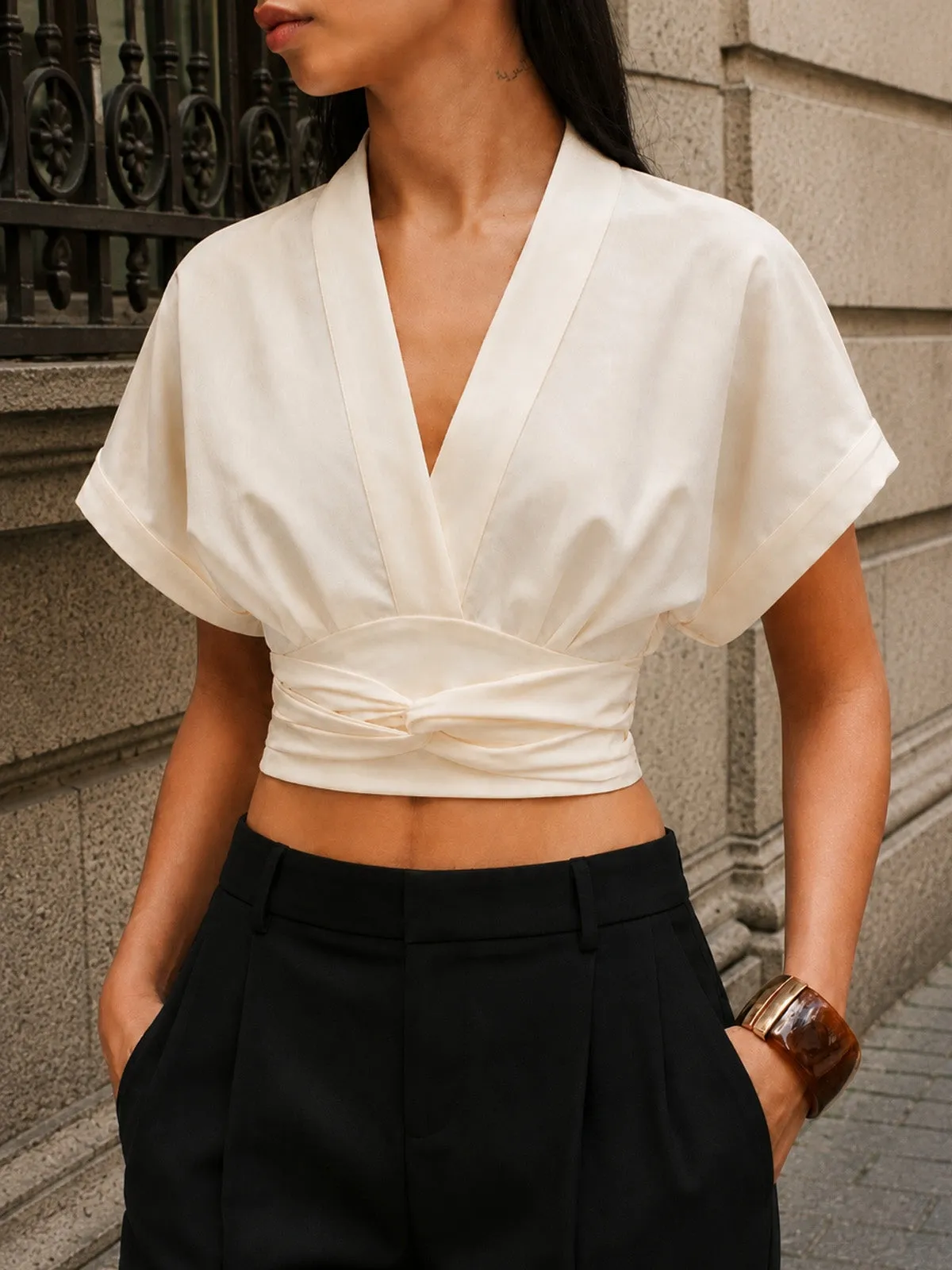V-Neck Cinched Waist Cotton Linen Blouse sold by COMMENSE