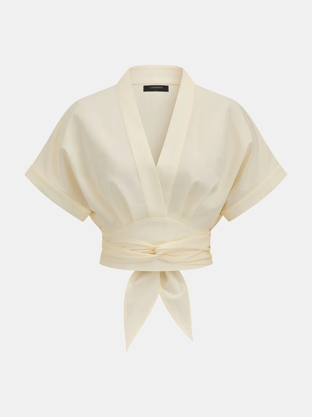 V-Neck Cinched Waist Cotton Linen Blouse sold by COMMENSE product image thumbnail 2